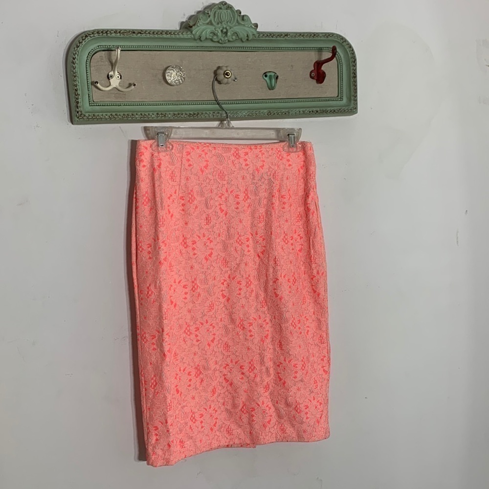 Attention pencil skirt lace neon pink orange small